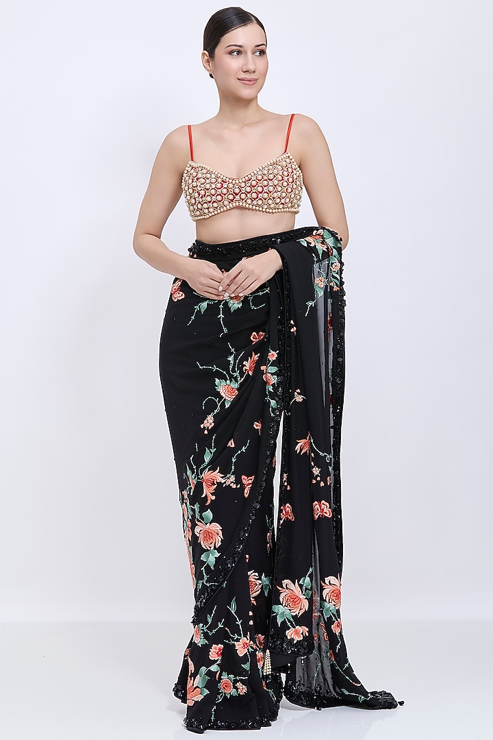 Dark Orange Net & Polyester Satin Hand Embroidered Bustier Blouse by Dilnaz Karbhary at Pernia's Pop Up Shop