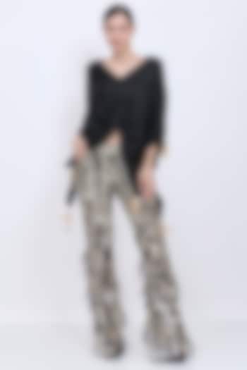 Black Net & Polyester Satin Hand Embroidered Fringed Trousers by Dilnaz Karbhary at Pernia's Pop Up Shop