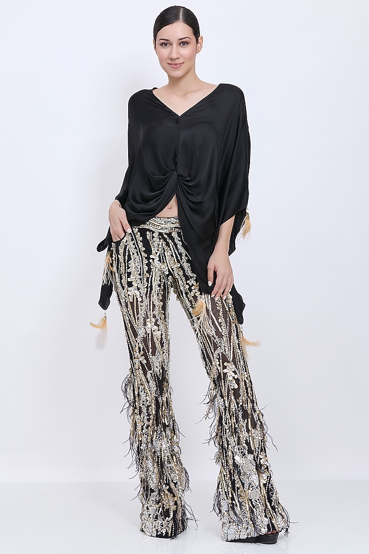 Black Net & Polyester Satin Hand Embroidered Fringed Trousers by Dilnaz Karbhary at Pernia's Pop Up Shop
