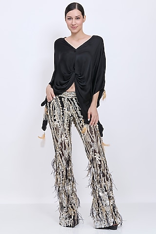 Black Net & Polyester Satin Hand Embroidered Fringed Trousers by Dilnaz Karbhary