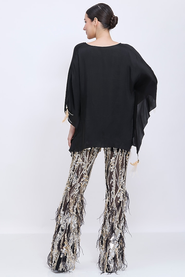 Black Net & Polyester Satin Hand Embroidered Fringed Trousers by Dilnaz Karbhary at Pernia's Pop Up Shop