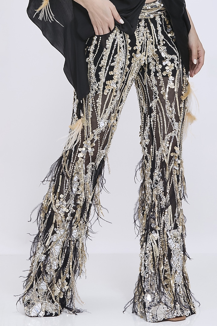 Black Net & Polyester Satin Hand Embroidered Fringed Trousers by Dilnaz Karbhary at Pernia's Pop Up Shop