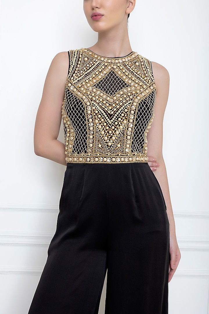 Black Embellished Jumpsuit by Dilnaz Karbhary at Pernia's Pop Up Shop