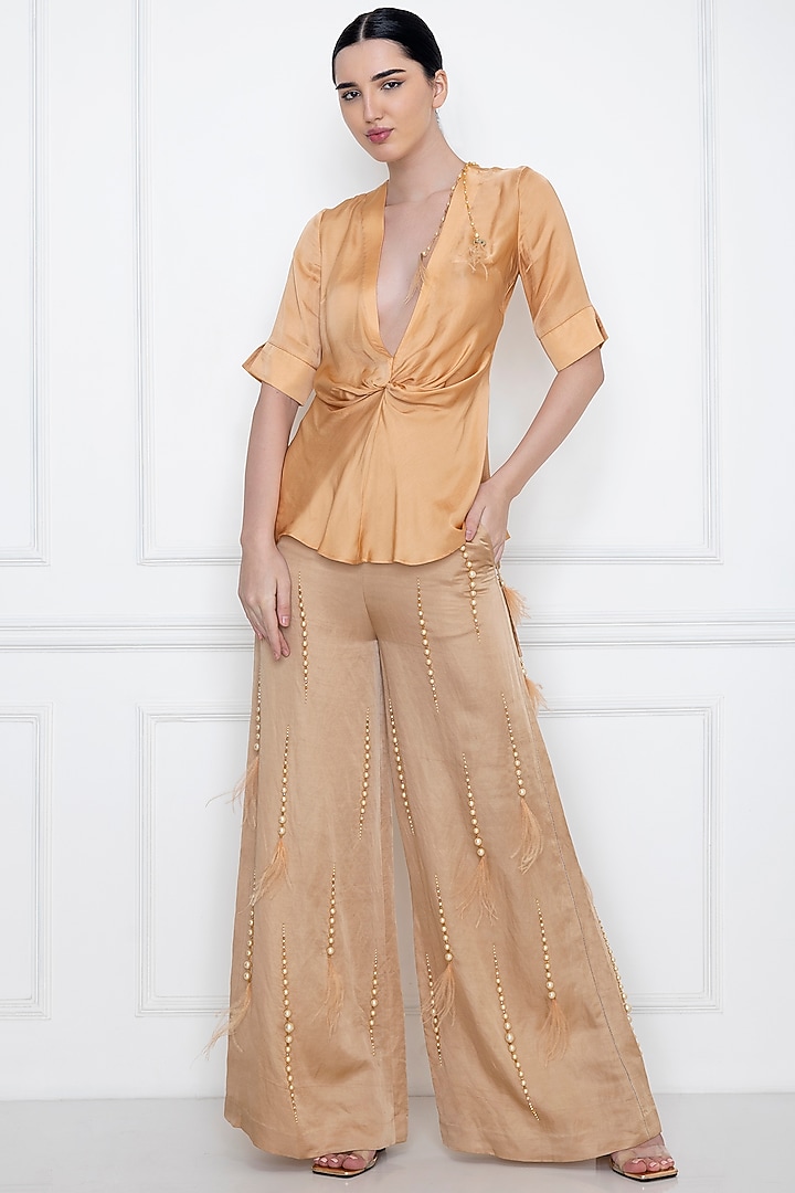 Gold Silk Satin Twisted Draped Top by Dilnaz Karbhary at Pernia's Pop Up Shop