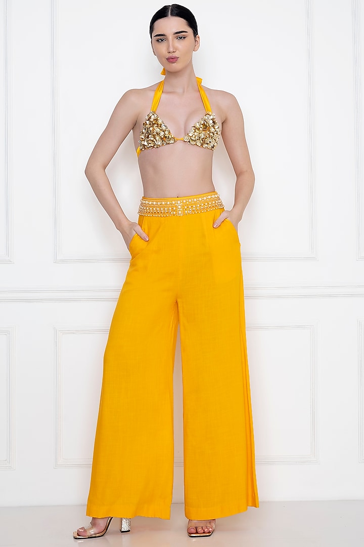 Marigold Sequins Embellished Bikini Top by Dilnaz Karbhary