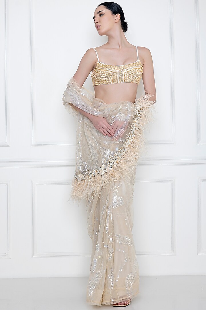 Ivory Hand Embroidered Bustier by Dilnaz Karbhary at Pernia's Pop Up Shop