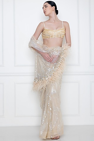 Ivory Hand Embroidered Bustier by Dilnaz Karbhary