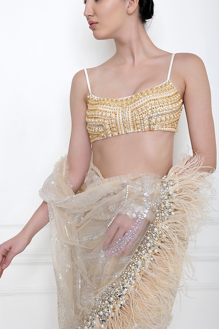 Ivory Hand Embroidered Bustier by Dilnaz Karbhary