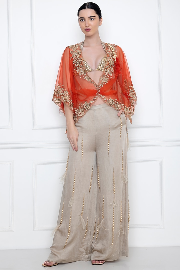 Flame Red Embroidered Twisted Kaftan Top by Dilnaz Karbhary