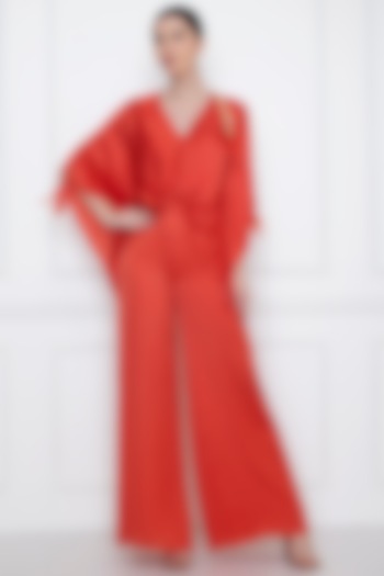 Flame Red Cotton Satin Jumpsuit With Draped Kaftan by Dilnaz Karbhary
