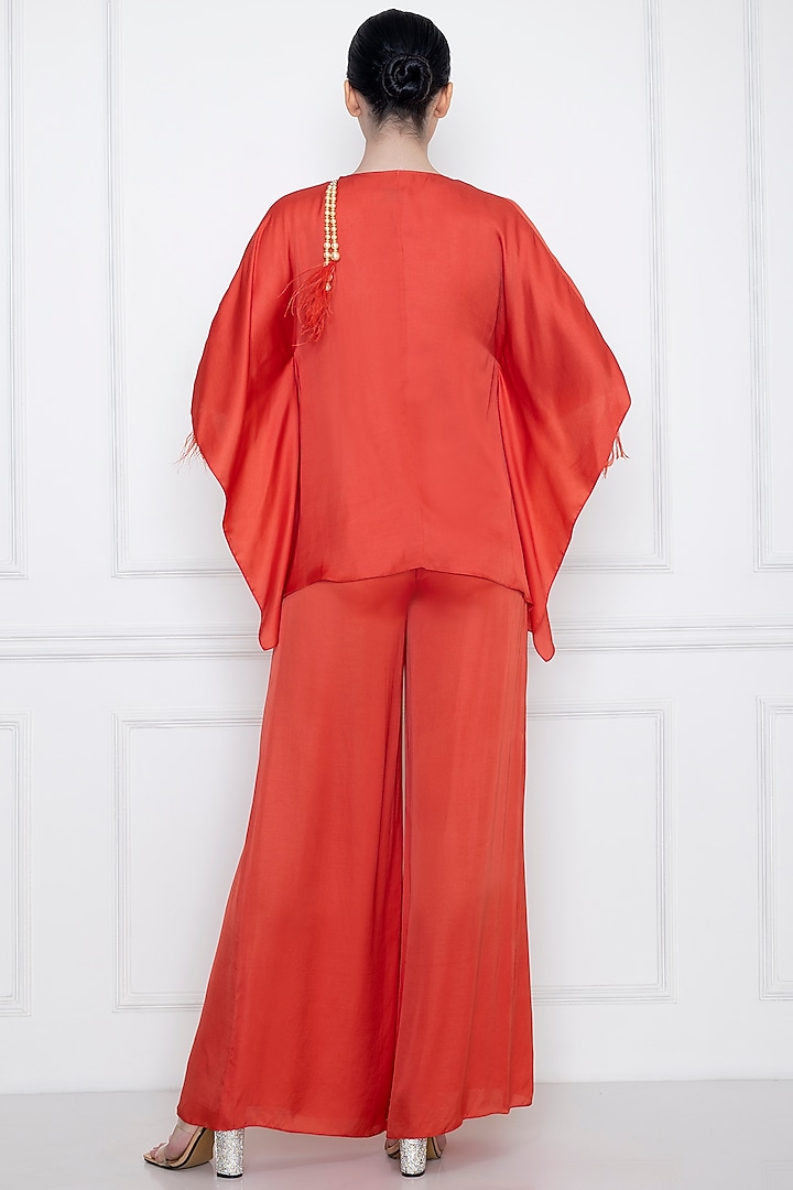 Flame Red Cotton Satin Jumpsuit With Draped Kaftan by Dilnaz Karbhary at Pernia's Pop Up Shop