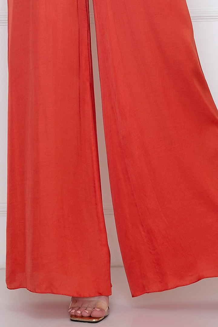 Flame Red Cotton Satin Jumpsuit With Draped Kaftan by Dilnaz Karbhary at Pernia's Pop Up Shop