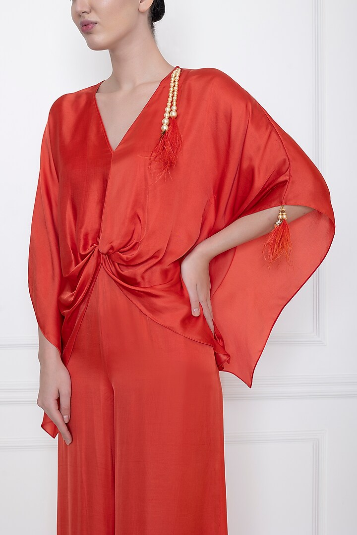 Flame Red Cotton Satin Jumpsuit With Draped Kaftan by Dilnaz Karbhary at Pernia's Pop Up Shop