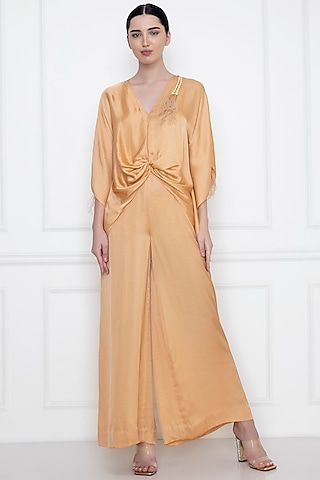 Gold Cotton Satin Jumpsuit With Draped Kaftan by Dilnaz Karbhary