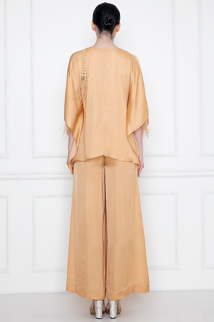 Gold Cotton Satin Jumpsuit With Draped Kaftan by Dilnaz Karbhary at Pernia's Pop Up Shop