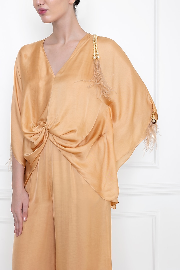 Gold Cotton Satin Jumpsuit With Draped Kaftan by Dilnaz Karbhary at Pernia's Pop Up Shop
