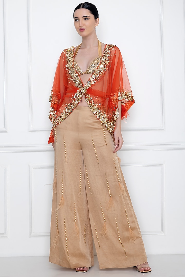 Flame Red Sequins Embroidered Twisted Kaftan Top by Dilnaz Karbhary