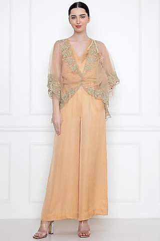 Gold Cotton Satin Jumpsuit With Draped Kaftan by Dilnaz Karbhary