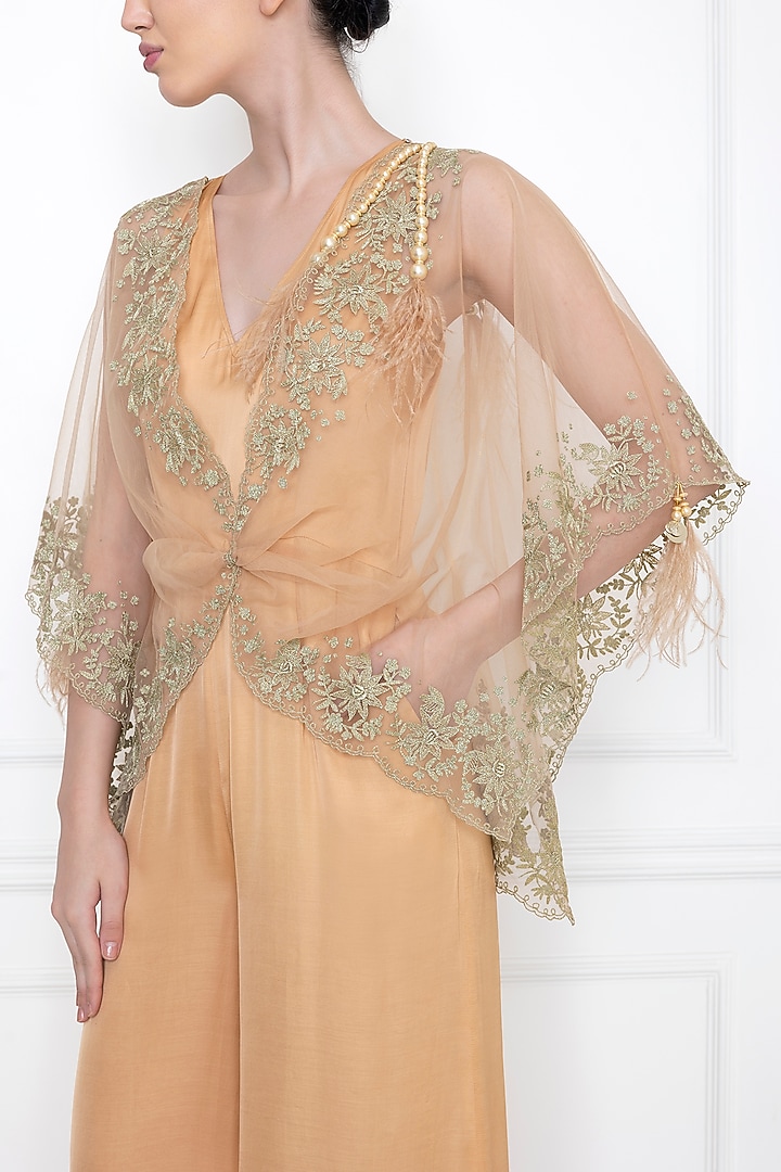 Gold Cotton Satin Jumpsuit With Draped Kaftan by Dilnaz Karbhary at Pernia's Pop Up Shop