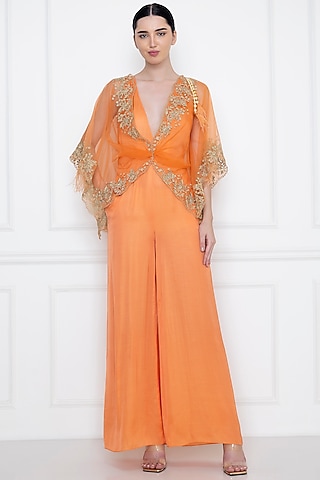 Orange Cotton Satin Jumpsuit With Draped Kaftan by Dilnaz Karbhary