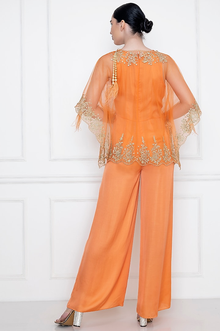 Orange Cotton Satin Jumpsuit With Draped Kaftan by Dilnaz Karbhary at Pernia's Pop Up Shop