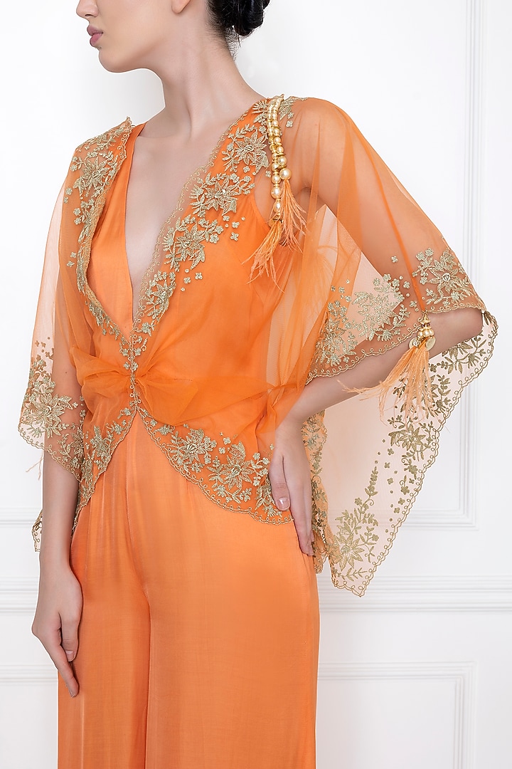 Orange Cotton Satin Jumpsuit With Draped Kaftan by Dilnaz Karbhary at Pernia's Pop Up Shop