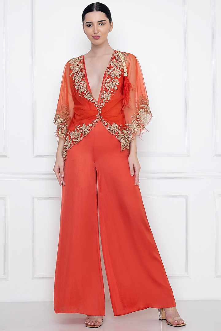 Flame Red Cotton Satin Jumpsuit With Draped Kaftan by Dilnaz Karbhary