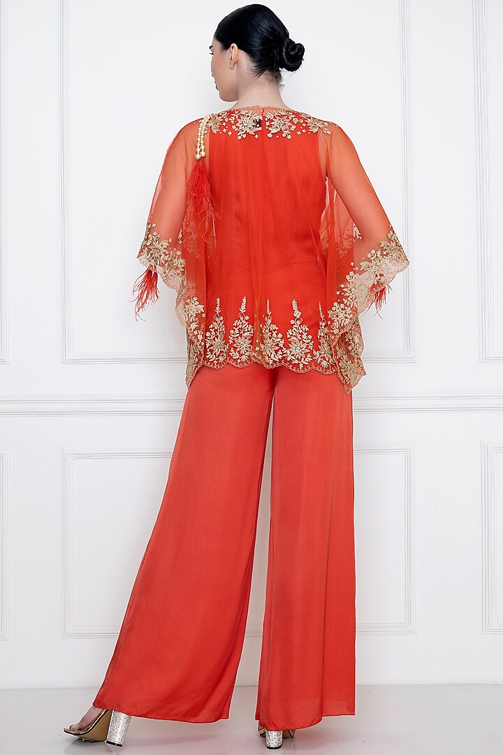 Flame Red Cotton Satin Jumpsuit With Draped Kaftan by Dilnaz Karbhary at Pernia's Pop Up Shop