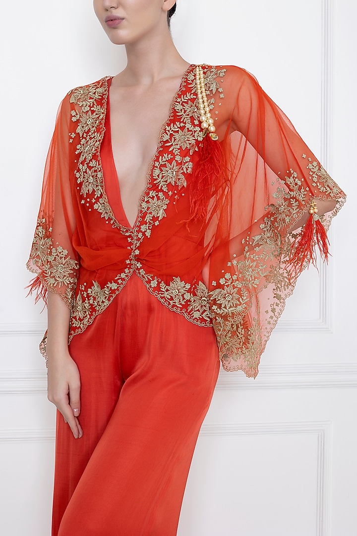Flame Red Cotton Satin Jumpsuit With Draped Kaftan by Dilnaz Karbhary at Pernia's Pop Up Shop