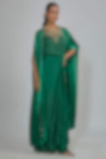 Green Blended Satin Tie-Dye Cape Set by Dilnaz Karbhary at Pernia's Pop Up Shop
