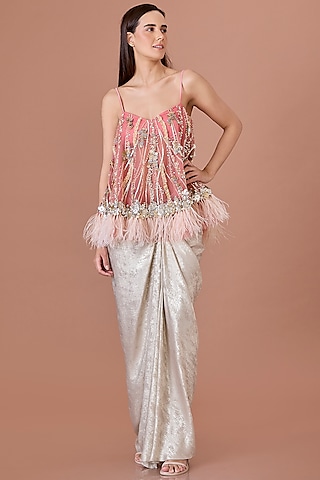 Rose Pink Power Net Hand Embroidered Camisole by Dilnaz Karbhary