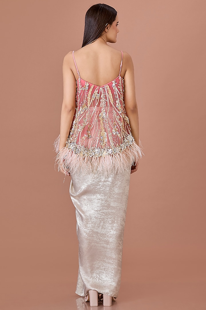 Rose Pink Power Net Hand Embroidered Camisole by Dilnaz Karbhary at Pernia's Pop Up Shop
