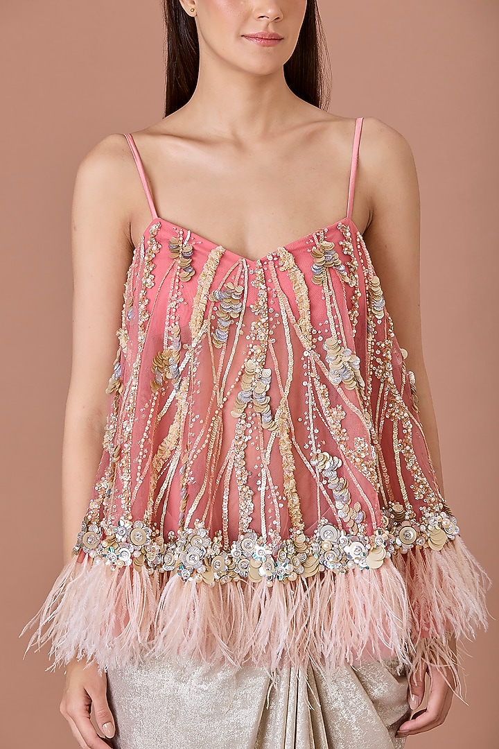 Rose Pink Power Net Hand Embroidered Camisole by Dilnaz Karbhary at Pernia's Pop Up Shop
