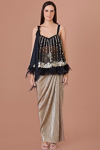 Black Net & Blended Satin Hand Embroidered Camisole by Dilnaz Karbhary