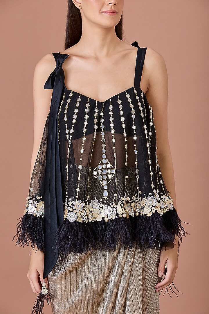 Black Net & Blended Satin Hand Embroidered Camisole by Dilnaz Karbhary at Pernia's Pop Up Shop