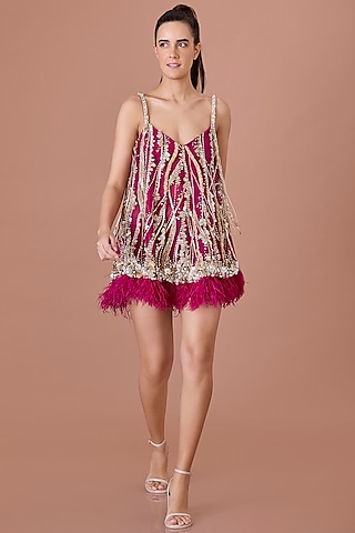 Jamun-Colored Net & Blended Satin Hand Embroidered Camisole by Dilnaz Karbhary