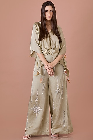 Sage Green Blended Linen Hand Embroidered Trousers by Dilnaz Karbhary