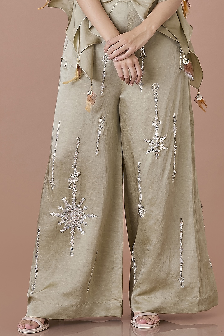 Sage Green Blended Linen Hand Embroidered Trousers by Dilnaz Karbhary at Pernia's Pop Up Shop