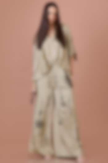 Sage Green Blended Linen Hand Embroidered Trousers by Dilnaz Karbhary at Pernia's Pop Up Shop