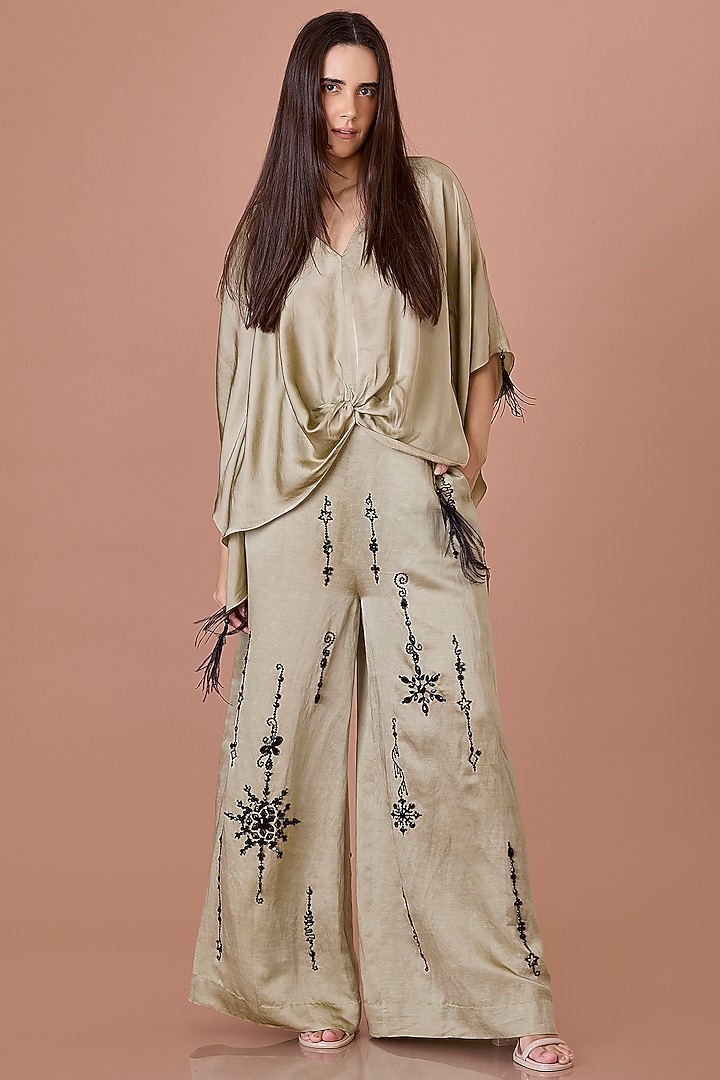 Sage Green Blended Linen Hand Embroidered Trousers by Dilnaz Karbhary at Pernia's Pop Up Shop