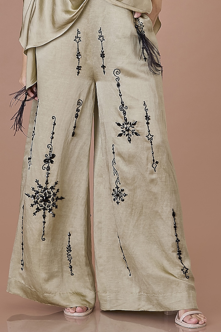 Sage Green Blended Linen Hand Embroidered Trousers by Dilnaz Karbhary at Pernia's Pop Up Shop