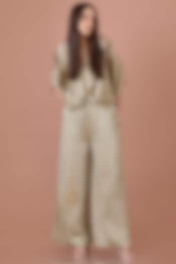 Sage Green Blended Linen Hand Embroidered Trousers by Dilnaz Karbhary at Pernia's Pop Up Shop