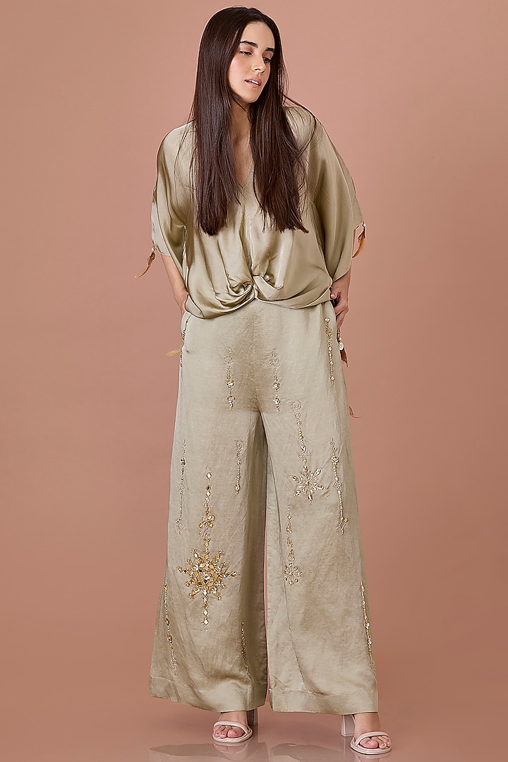 Sage Green Blended Linen Hand Embroidered Trousers by Dilnaz Karbhary at Pernia's Pop Up Shop