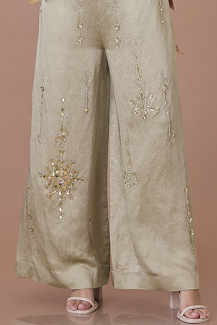 Sage Green Blended Linen Hand Embroidered Trousers by Dilnaz Karbhary at Pernia's Pop Up Shop