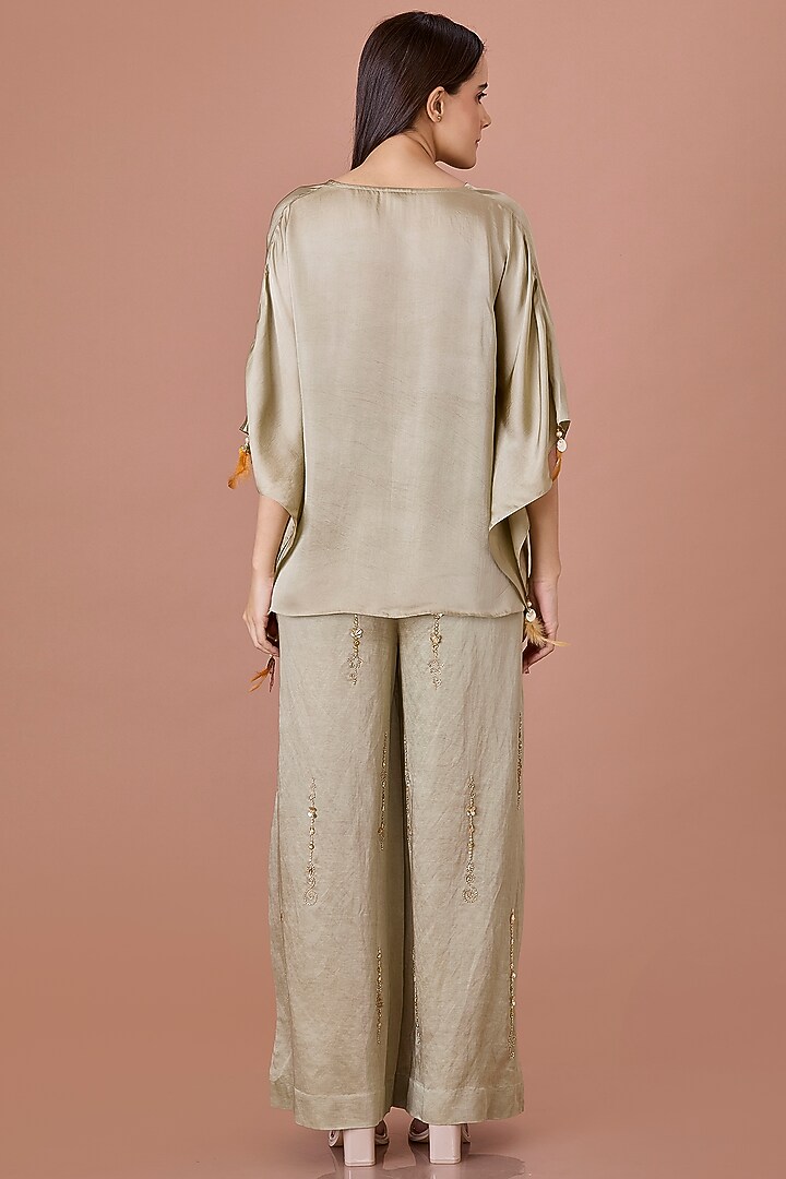 Sage Green Blended Satin Draped Kaftan by Dilnaz Karbhary at Pernia's Pop Up Shop