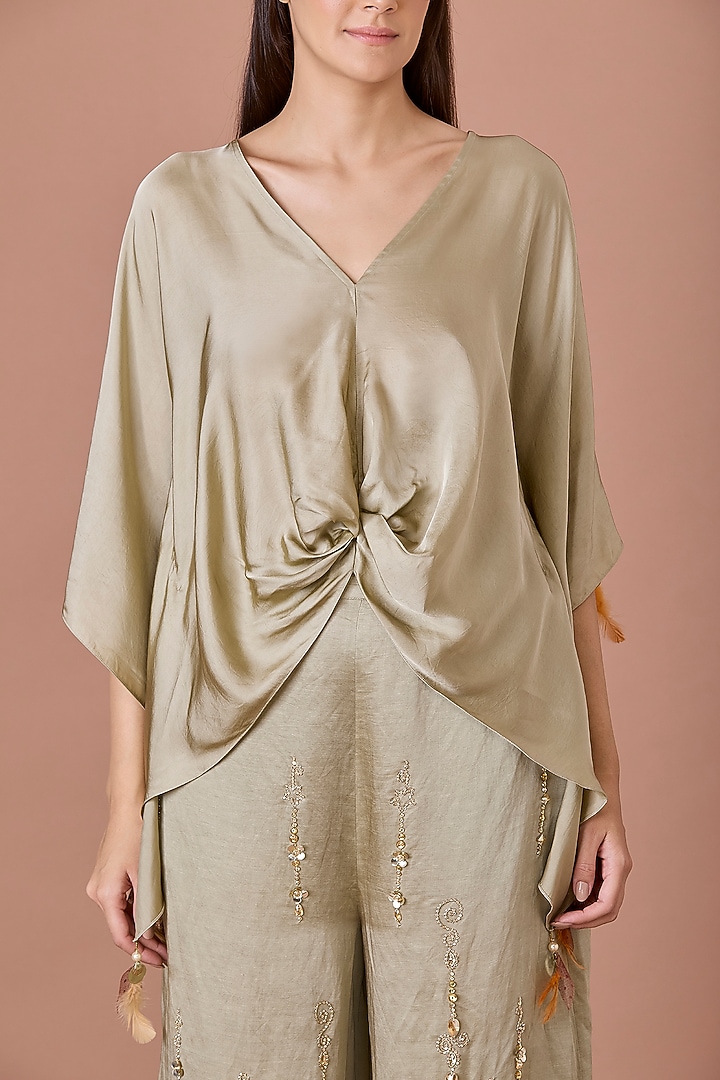 Sage Green Blended Satin Draped Kaftan by Dilnaz Karbhary at Pernia's Pop Up Shop