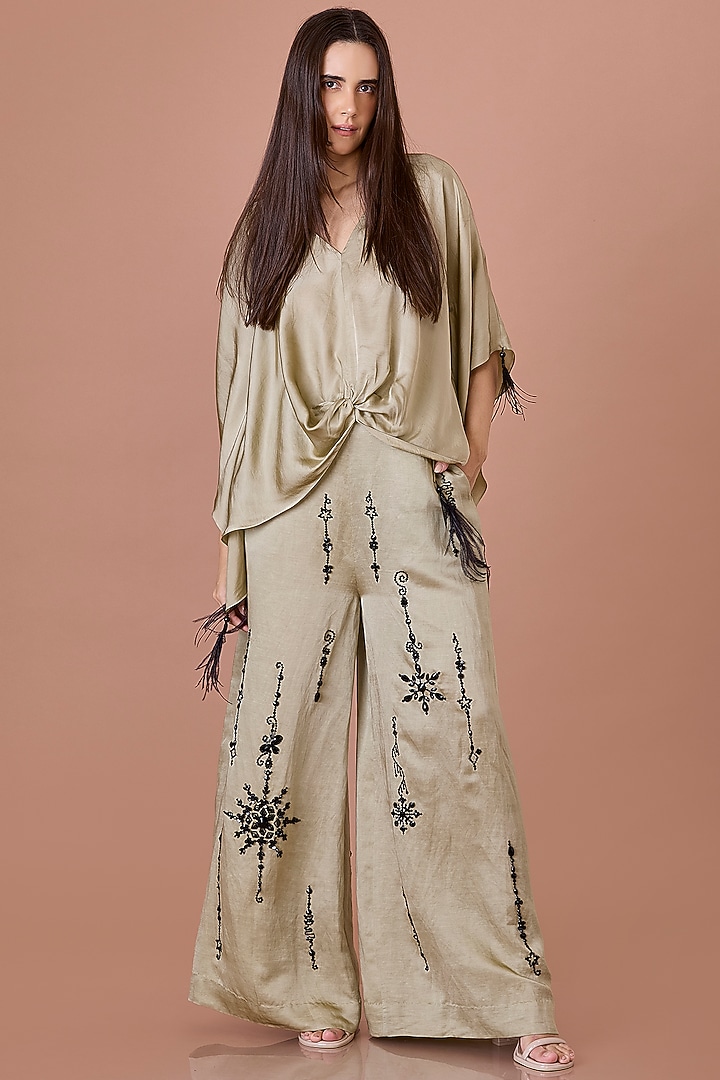 Sage Green Blended Satin Draped Kaftan by Dilnaz Karbhary at Pernia's Pop Up Shop
