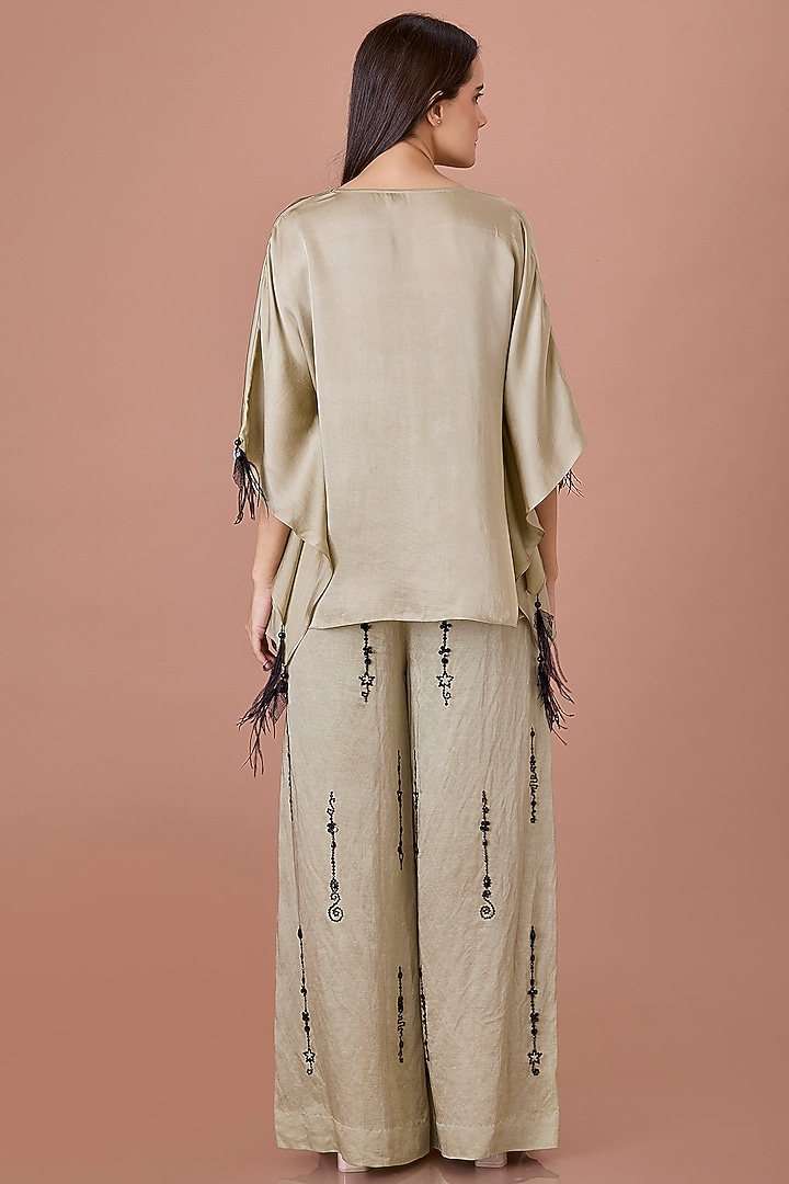 Sage Green Blended Satin Draped Kaftan by Dilnaz Karbhary at Pernia's Pop Up Shop