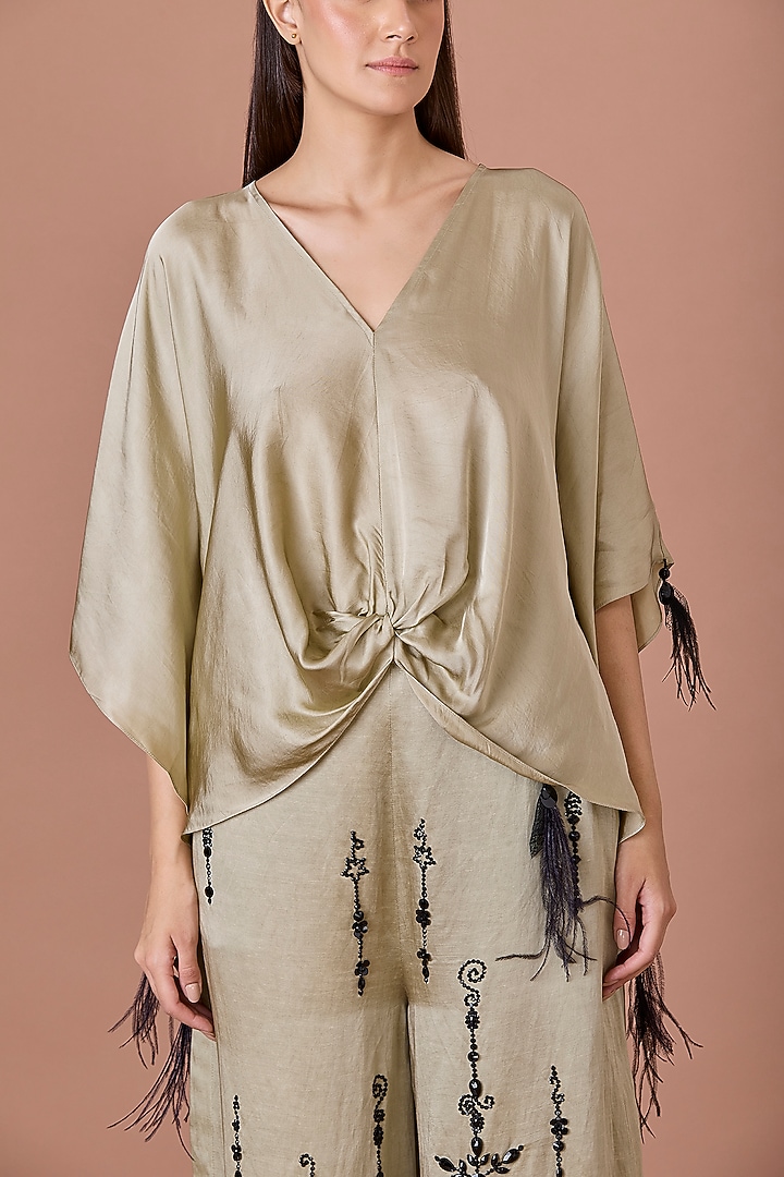 Sage Green Blended Satin Draped Kaftan by Dilnaz Karbhary at Pernia's Pop Up Shop