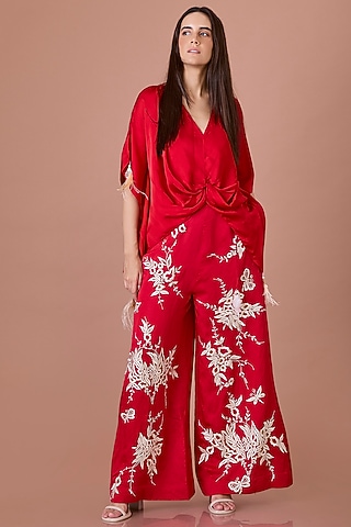 Red Blended Linen Machine Embroidered Trousers by Dilnaz Karbhary